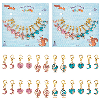Globe & Moon & Heart Pendant Stitch Markers, Alloy Enamel Crochet Lobster Clasp Charms, Locking Stitch Marker with Wine Glass Charm Ring, Mixed Color, 2.5~3cm, 6 style, 2pcs/style, 12pcs/set
