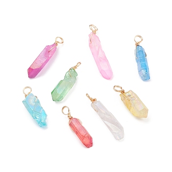 Electroplated Natural Quartz Crystal Pendants, with Golden Brass Findings, Dyed, Nuggets, Mixed Color, 28~40x6.5~9x6~8mm, Hole: 4mm