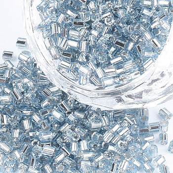 Grade A Glass Seed Beads, Hexagon(Two Cut), Silver Lined, Light Cyan, 1.5~2.5x1.5~2mm, Hole: 0.8mm, about 2100pcs/bag, 450g/bag