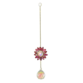 Glass Flower Hanging Suncatchers, Round Tassel for Window Garden Decorations, Crimson, 275~280mm