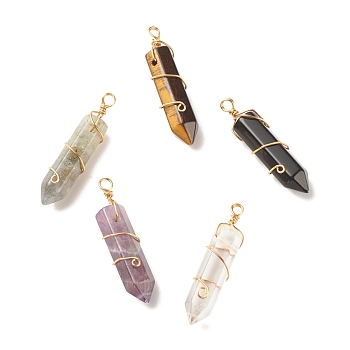 Natural Mixed Gemstone Pointed Pendants, with Golden Tone Copper Wire Wrapped, Faceted, Bullet, 40~42x9.5~10.5x9.5~10.5mm, Hole: 3~3.5mm