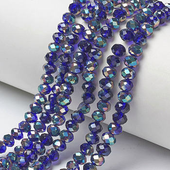 Electroplate Glass Beads Strands, Half Plated, Rainbow Plated, Faceted, Rondelle, Blue, 6x5mm, Hole: 1mm, about 85~88pcs/strand, 16.1~16.5 inch(41~42cm)