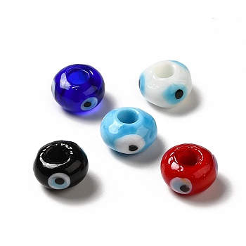 Handmade Evil Eye Lampwork Beads, Rondelle, Mixed Color, 13~14.5x13.5~15x8~9mm, Hole: 4.5mm