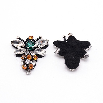 Embroidery Thread Sew Cloth, with Rhinestone and Iron Findings, Cloth Accessories, Appliques, Bee, Black, 38x36.5x8mm