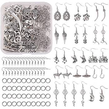DIY Drop Earring Making Kit, Including Tibetan Style Alloy & 201 Stainless Steel Pendants, Alloy Links, Iron Earring Hooks & Jump Rings, Antique Silver, 124pcs/box