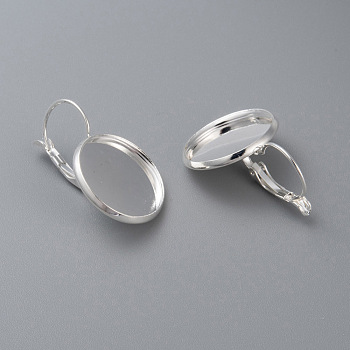 304 Stainless Steel Leverback Earring Settings, Flat Round, Silver, Tray: 16mm, 27x18x16mm, Pin: 0.7mm