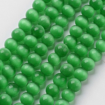 Cat Eye Beads, Round, Green, 6mm, Hole: 1mm, about 66pcs/strand, 14.5 inch/strand