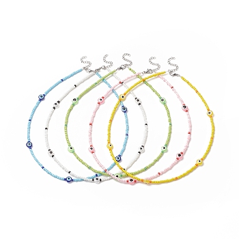 Resin Evil Eye & Glass Seed Beaded Necklace for Women, Mixed Color, 18.11 inch(46cm)