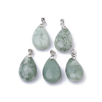 Natural Jade Pendants, with Platinum Tone Brass Findings, teardrop, 23.5x15x8mm, Hole: 4x4mm