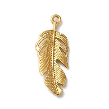 304 Stainless Steel Pendants, Feather Charm, Real 18K Gold Plated, 34x13.5x2.5mm, Hole: 1.6mm