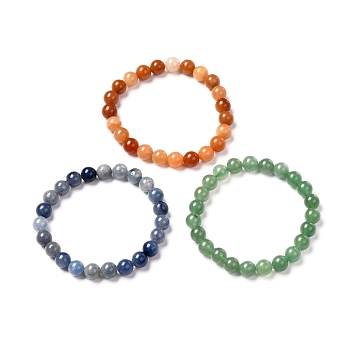 Bracelets Set for Men Women, Natural Green Aventurine & Blue Aventurine & Red Aventurine Stretch Bracelets, Inner Diameter: 2-1/8 inch(5.5cm), Beads: 8mm, 3pcs/set