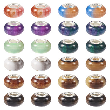 66Pcs 11 Colors Rondelle Resin European Beads, Large Hole Beads, Imitation Stones, with Silver Tone Brass Double Cores, Mixed Color, 13.5x8mm, Hole: 5mm, 6pcs/color