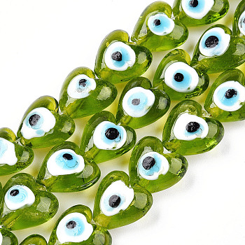 Heart Evil Eye Lampwork Bead Strands, Yellow Green, 13~15x15x9mm, Hole: 2mm, about 24pcs/strand, 11.4 inch