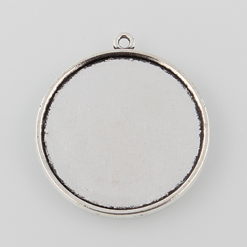 Tibetan Style Antique Silver Alloy Flat Round Pendant Cabochon Settings, Cadmium Free & Lead Free, Tray: 30mm, 37x33x2mm, Hole: 1.5mm, about 250pcs/1000g