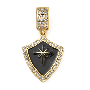 Rack Plating Brass Micro Pave Clear Cubic Zirconia North Star European Dangle Charms, Black Enamel Large Hole Pendants, Real 18K Gold Plated, Long-Lasting Plated, Shield, 35mm, Hole: 4.5x8mm