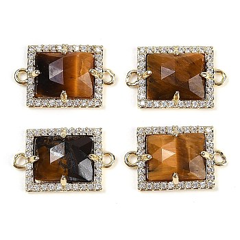 Natural Tiger Eye Faceted Rectangle Links, Rack Plating Brass Micro Pave Clear Cubic Zirconia Connector Charms, Golden, 11.5x18x4.5mm, Hole: 1.4mm