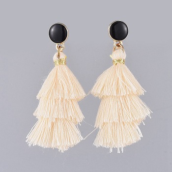 Polycotton(Polyester Cotton) Tassel Dangle Earrings, with Alloy Enamel Stud Earring Findings, Platinum & Golden, 47.5~49mm, Pin: 0.6mm