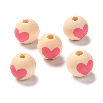 Printed Wood European Beads, Large Hole Beads, Round with Heart Pattern, Hot Pink, 16x15mm, Hole: 4mm