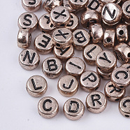 Plating Acrylic Beads, Horizontal Hole, Flat Round with Random Initial Letter, Rose Gold Plated, 7x3.5mm, Hole: 1.5mm(X-PACR-T010-002RG)