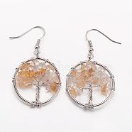 Dangle Earrings, with Natural Citrine Beads and Brass Hooks, Ring with Tree of Life, 50mm, Pin: 0.6mm(EJEW-N0030-09)