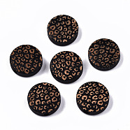 Painted Natural Wood Beads, Laser Engraved Pattern, Flat Round with Leopard Print, Black, 15x4.5mm, Hole: 1.5mm(X-WOOD-T021-49A-01)