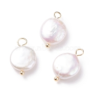 Natural Baroque Pearl Keshi Pearl Pendants, Cultured Freshwater Pearl, with Brass Loops, Flat Round, Floral White, Golden, 17.5x11x4.5mm, Hole: 2.1~3.1mm(PALLOY-JF01494-01)