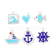 6Pcs 6 Styles Ocean Theme Handmade Japanese Seed Pendants, Loom Pattern, with Stainless steel Ring, Sailboat & Helm & Fish, Mixed Shapes, 15~25x13~24x1.5mm, Hole: 2mm, 1pc/style(PALLOY-MZ00031)