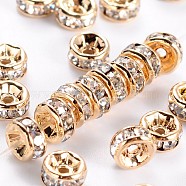 Brass Rhinestone Spacer Beads, Grade AAA, Straight Flange, Nickel Free, Light Gold Metal Color, Rondelle, Crystal, 4x2mm, Hole: 1mm(RB-A014-Z4mm-01LG-NF)