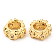 Brass Micro Pave Cubic Zirconia European Beads, Large Hole Beads, Flat Round with Flower, Real 18K Gold Plated, 7~7.5x3.5mm, Hole: 4mm(KK-I705-08G)