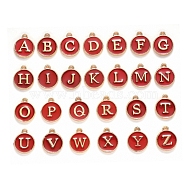 Initial Letter A~Z Alphabet Enamel Charms, Flat Round Disc Double Sided Charms, Golden Plated Enamelled Sequins Alloy Charms, Dark Red, 14x12x2mm, Hole: 1.5mm, 26pcs/set(ENAM-Q437-08)