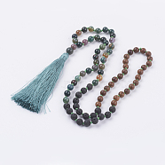 Nylon Tassel Pendant Necklaces, with Natural Indian Agate and Lava Rock Beads, and Wood Beads, with Burlap Paking Pouches Drawstring Bags, Green, 31.1 inch(79cm)(NJEW-JN02075)