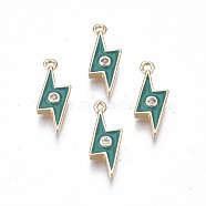Brass Enamel Charms, with Pave Clear Cubic Zirconia, Nickel Free, Real 18K Gold Plated, Lightning Bolt, Dark Cyan, 13.5x6x2mm, Hole: 1mm(KK-N232-220)