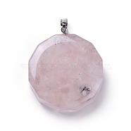 Resin Pendants, with Natural Rose Quartz Chips Inside, Long-Lasting Plated Brass Findings, Flat Round, Platinum, 39~40x34.5~35.5x10~12mm, Hole: 7~8x4.5~5mm(KK-D531-01F)