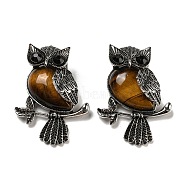 Natural Tiger Eye Pendants, Antique Silver Plated Owl Charms with Blak Glass, 45x33.5x19mm, Hole: 8x9.5mm(G-H308-01AS-01)