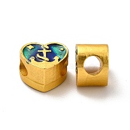 Rack Plating Alloy Enamel European Beads, Large Hole Beads, Cadmium Free & Lead Free, Matte Gold Color, Heart with Cross Pattern, Dark Turquoise, 9x10.5x7mm, Hole: 4mm(PALLOY-E006-17MG-02)