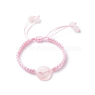 Natural Rose Quartz Pi Disc Braided Bead Bracelet, Lucky Adjustable Gemstone Bracelet for Women, Pink, Inner Diameter:  1-7/8~3-3/8 inch(4.9~8.6cm)(BJEW-JB08793)