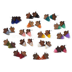 Resin & Walnut Wood Stud Earring Findings, with 304 Stainless Steel Pin and Hole, Two Tone, Tree, Mixed Color, 15.5x13.5mm, Hole: 1.8mm, Pin: 0.7mm(MAK-N032-024A)