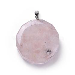 Resin Pendants, with Natural Rose Quartz Chips Inside, Long-Lasting Plated Brass Findings, Flat Round, Platinum, 39~40x34.5~35.5x10~12mm, Hole: 7~8x4.5~5mm(KK-D531-01F)