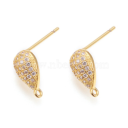 Brass Micro Pave Cubic Zirconia Stud Earring Findings, with Loop, Lead Free & Cadmium Free, Long-Lasting Plated, Teardrop, Clear, Golden, 12x7x3mm, Hole: 1mm, Pin: 0.7mm(ZIRC-G146-02G-RS)