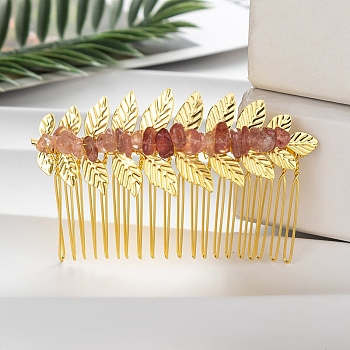 Leaf Natural Strawberry Quartz Chips Hair Combs, with Iron Combs, Hair Accessories for Women Girls, 45x80x10mm