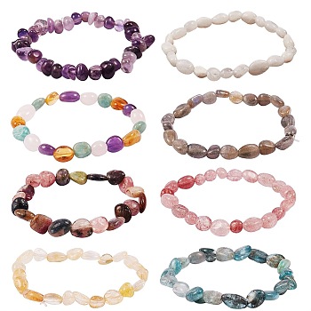 8Pcs 8 Style Natural Mixed Nuggets Gemstone Beads Stretch Bracelets for Kids, Tumbled Stone, Inner Diameter: 1-3/4~1-7/8 inch(4.3~4.7cm), 1pc/style