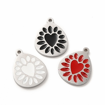 304 Stainless Steel Enamel Pendants, Teadrop with Heart Pattern, Mixed Color, 15x12x1mm, Hole: 1.2mm