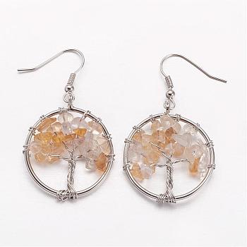Dangle Earrings, with Natural Citrine Beads and Brass Hooks, Ring with Tree of Life, 50mm, Pin: 0.6mm