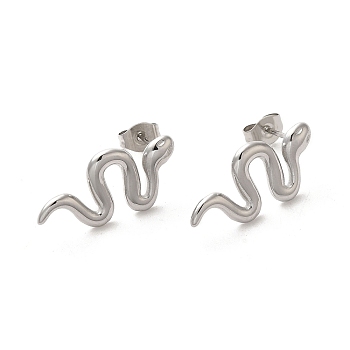 304 Stainless Steel Snake Stud Earrings for Women, Stainless Steel Color, 11x23mm
