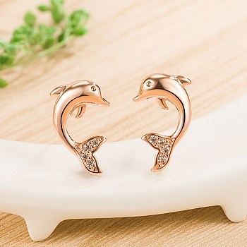 Dolphin Cubic Zirconia Stud Earrings for Girl Women, Brass Earrings, Rose Gold