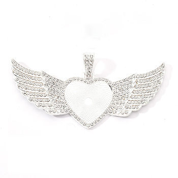 Alloy Pendant Cabochon Settings, with Rhinestone, Lead Free & Nickel Free, Heart with Wing, Silver, Crystal, Tray: 26.5x32.5mm, 47.5x107.5x6mm, Hole: 15mm