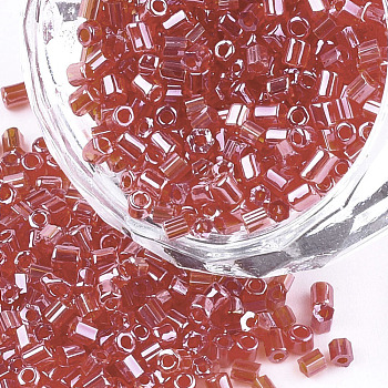 Grade A Glass Seed Beads, Hexagon(Two Cut), Transparent Colours Lustered, FireBrick, 1.5~2.5x1.5~2mm, Hole: 0.8mm, about 2100pcs/bag, 450g/bag