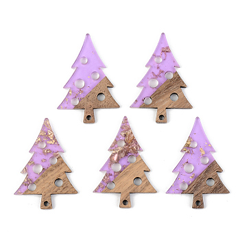 Transparent Resin & Walnut Wood Pendants, with Foil, Christmas Tree with Round, Violet, 40x28x3mm, Hole: 2mm