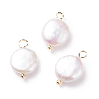 Natural Baroque Pearl Keshi Pearl Pendants, Cultured Freshwater Pearl, with Brass Loops, Flat Round, Floral White, Golden, 17.5x11x4.5mm, Hole: 2.1~3.1mm