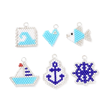 6Pcs 6 Styles Ocean Theme Handmade Japanese Seed Pendants, Loom Pattern, with Stainless steel Ring, Sailboat & Helm & Fish, Mixed Shapes, 15~25x13~24x1.5mm, Hole: 2mm, 1pc/style